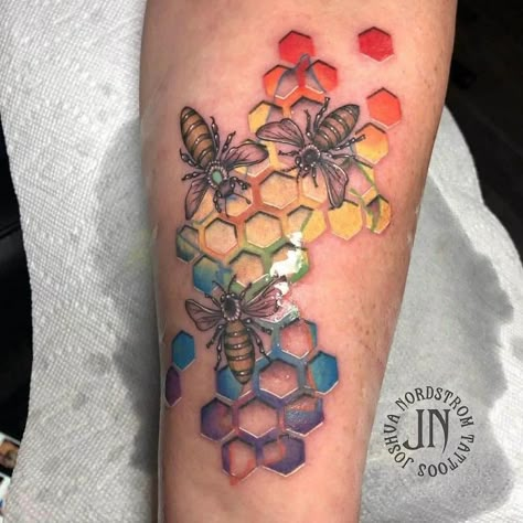 Dripping Honeycomb Tattoo, Rainbow Bee Tattoo, Sunflower And Bumble Bee Tattoo, Color Tattoo Ideas Female, Bee Tattoo With Honeycomb, Pollinator Tattoo, Pop Of Color Tattoo, Watercolor Bee Tattoo, Bee With Flowers Tattoo