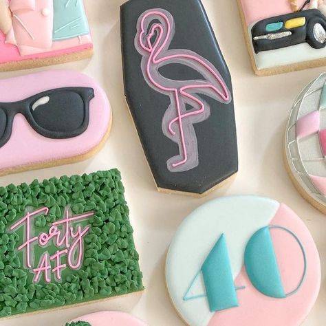 Kim - Ella’s Cookie Jar on Instagram: "Vice city Baby! What a way to celebrate 40! #miamivice #miamivicestyle #miamiviceparty #miamicookies #tropicalcookies #retrocookies #birthdaycookies #40thbirthday #40thbirthdayparty #40thbirthdaycookies #neoncookies #flamingocookies #tropicalvibes #winnipegcookies #winnipegsugarcookies #ywgcookies #handmadewinnipeg #decoratedcookiesofinstagram #royalicing #cookieartist #ellascookiejar" 40th Bday Cookies Women, 40th Bday Cookies, Neon Birthday Cookies Decorated, Palm Springs Cookies, 40th Birthday Cookies Women, Forty And Fabulous Cookies, 40 And Fabulous Cookies, 40th Birthday Sugar Cookies, 80s Birthday Cookies