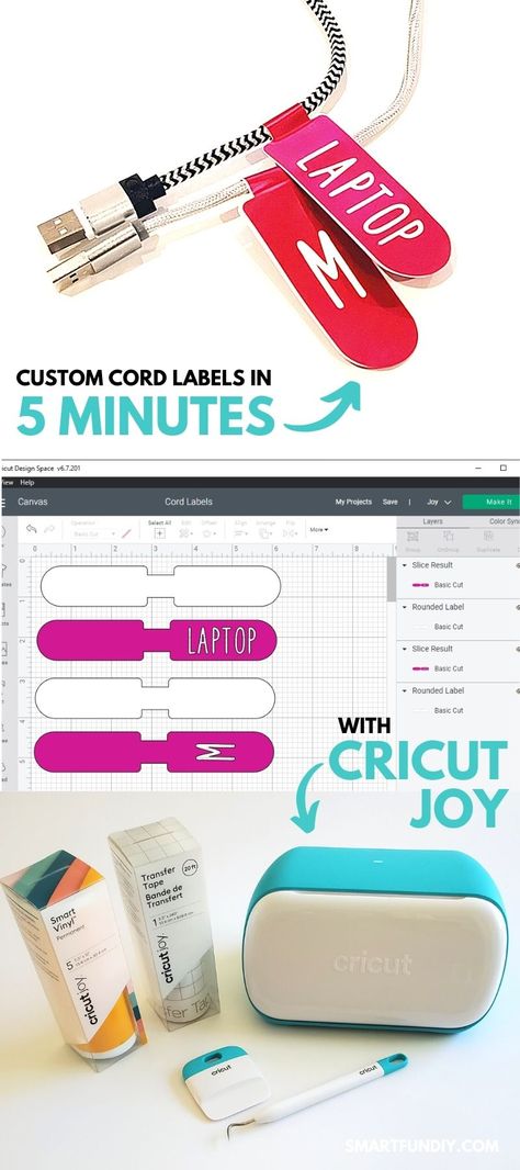 "Collage showing cords with custom vinyl tags in pink vinyl, screenshot of the tags in Cricut Design Space, and Cricut Joy machine with vinyl, vinyl transfer tape, and vinyl tools Cricut Cord Labels, Easy Cricut Joy Projects, Cricut Joy Label Projects, What To Make With Cricut Joy, Cricut Label Ideas, Decorate Cricut Machine With Vinyl Ideas, Projects For Cricut Joy, Cricut Joy Storage, Cricut Joy Organization Ideas