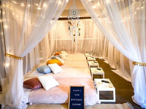 Canopy Sleepover | Mega Celebrations Canopy Sleepover, Party Tent Decorations, Slumber Party Decorations, Spa Sleepover Party, Sleepover Tents, Birthday Sleepover Ideas, Glamping Birthday, Slumber Party Birthday, Taylor Swift Birthday Party Ideas