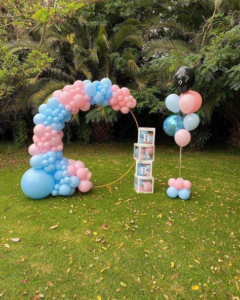 Gender Reveal Balloon Hoop, Rabbit Gender Reveal, Gender Reveal Candy, Unique Gender Reveal Party Ideas, Gender Reveal Backdrop, Gender Reveal Baby Shower Themes, Baby Gender Reveal Party Decorations, Balloons Arch, Gender Reveal Party Games