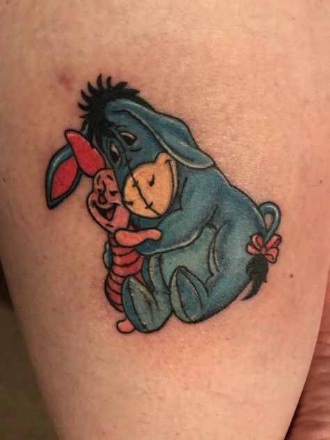 Tattoo of my favorite characters: Eeyore and Piglet Piglet And Eeyore Tattoo, Piglet Tattoo Ideas, Tigger Eeyore Tattoo, Pooh Bear And Eeyore Tattoos, Tiny Eeyore Tattoo, Eyore Tattoo Quotes Eeyore, Pooh Tigger Piglet Eeyore Tattoo, Watercolor Dragon Tattoo, Piglet Tattoo