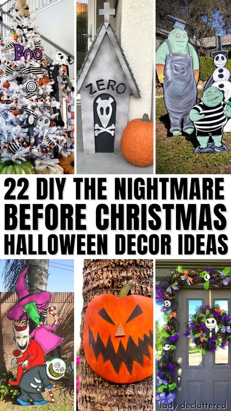 The Nightmare Before Christmas is a beloved movie that blends the joy and magic of the holiday season with the eerie vibe of Halloween. If you’re looking to spruce up your home with some DIY decorations that nod to the world of Jack Skellington and Sally, there are plenty of creative ideas to explore. - Lady Decluttered | The Nightmare Before Christmas Decorating Ideas Jack The Pumpkin King Decorations Diy, Sally Nightmare Before Christmas Decorations, Jack Skellington Front Porch Decor, Jack Skellington Diy Decor, Halloween Decorations Nightmare Before Christmas, Halloween Nightmare Before Christmas Diy, Haunted Mansion Nightmare Before Christmas Decor, Jack Skellington Halloween Decor Outdoor, Nightmare Before Xmas Decorations