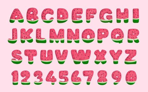 Summer Fonts Alphabet, Fruit Lettering, Watermelon Font, Watermelon Letters, Watermelon Alphabet, Watermelon Lettering, Fruit Letters, Cartoon Alphabet, Twinkling Watermelon