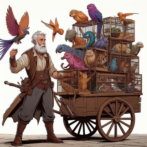 Dnd Pet Shop, D&d Shopkeeper, Fantasy Shop Keeper, Dnd Shop Art, Dnd Campaign Inspiration, Dnd Prisoner, Dnd Traveler, Traveling Merchant Character Design, Npc Ideas Dnd