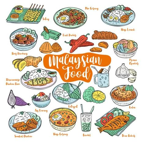 Malay Food Illustration, Malaysia Food Drawing, Malaysian Food Drawing, Malaysian Culture Illustration, Malaysian Culture Art, Malay Culture Illustration, Malaysia Food Illustration, Malaysia Traditional Food, Malaysian Food Illustration