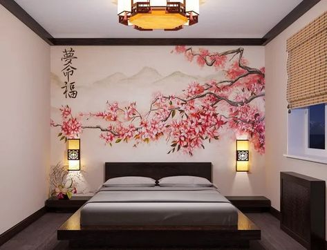 Wallpaper Trends 2025: The Most Popular Prints and Patterns Sakura Bedroom, Japanese Decor Bedroom, Asian Inspired Bedroom, Asian Bedroom Decor, Japanese Inspired Bedroom, Asian Bedroom, Japanese Style Bedroom, Sakura Design, Sakura Japanese