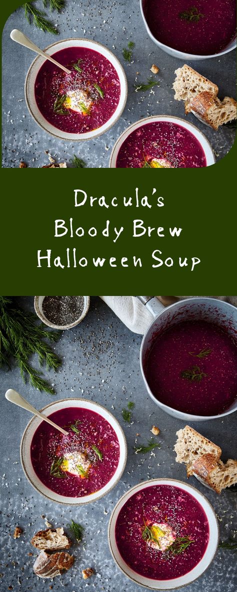 Halloween Soups Ideas, Halloween Recipes Healthy, Halloween Healthy Recipes, Spooky Soup Ideas, Halloween Soup Recipes, Spooky Soup Recipes, Vampire Breakfast, Vampire Recipes, Spooky Soup