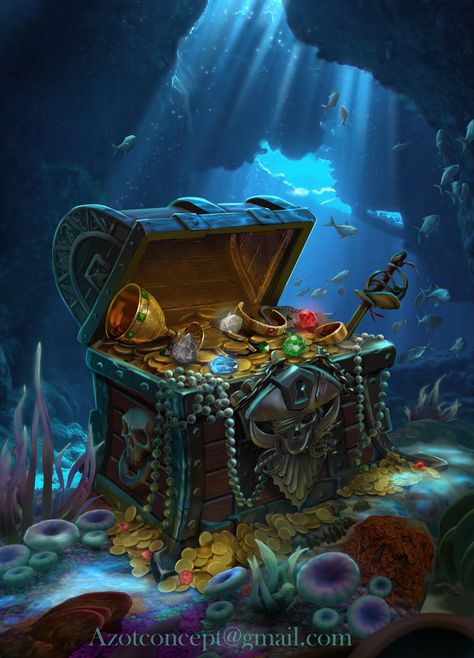 ArtStation - Pirate`s Chest with Treasure, Ihor Reshetnikov Under The Sea Drawings, Pirate Chest, Pirate Ship Art, Sea Drawing, Pirate Treasure Chest, Underwater Scene, Pirate Art, Heroic Fantasy, Pirate Adventure