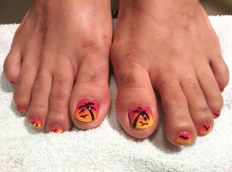 Toe nail summer palm tree design Nail Palm Tree, Summer Nails Neon, Nail Summer, Essie Polish, Summer Nails Beach, Palm Tree Design, Summer Toes, Cosmetic Grade Glitter, Summer Toe Nails