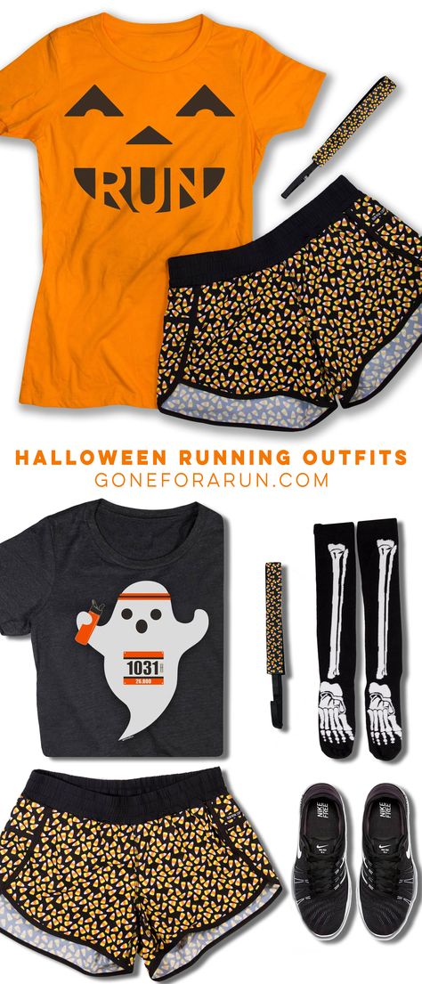 Halloween themed running outfit ideas to add some spooky fun to your runs and races. Halloween tees, tanks running shorts, socks and more. Halloween Running Costumes, 5k Costume, Outfits For Halloween, Running Outfits, Running Outfit, Running Everyday, Running Apparel, Run Like A Girl, Running Costumes