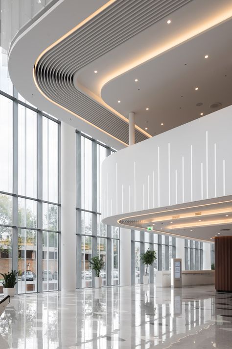 Celling Modern Design, Office Ceilings Modern, L Shaped Ceiling Design, Layered Ceiling Design, White Lobby Design, Hotel Hall Design, Square Ceiling Design, Hotel Ceiling Design, Office Design Ceiling