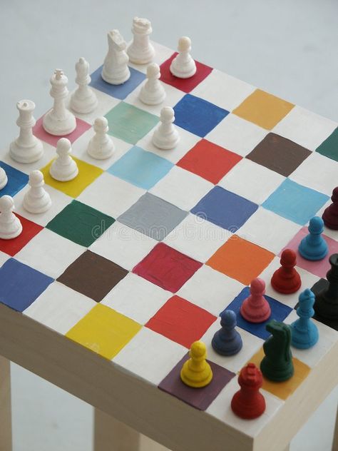 Chess Board And Pieces, Flat Chess Pieces, Chess Inspired Furniture, Colourful Chess Board, Funky Chess Board, Colorful Chess Board, Painted Chess Pieces, Colorful Chess Set, Painted Chess Set