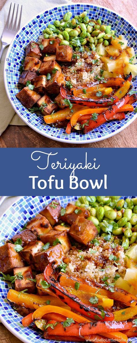 Teriyaki Tofu Bowl ... a delicious, easy recipe that's packed with veggies and lots of flavor! You are going to love this easy vegetarian bowl recipe. It starts with a quinoa base and features tasty tofu, yummy sauteed peppers, sweet pineapple, and protein packed edamame, and it's finished with a mouthwatering soy based homemade teriyaki sauce that's so simple to make! | Hello Little Home Vegetarian Bowl, Tofu Teriyaki, Veggie Bowl Recipe, Tofu Bowl, Vegetarian Bowls, Teriyaki Tofu, Sauteed Peppers, Homemade Teriyaki Sauce, Veggie Bowl