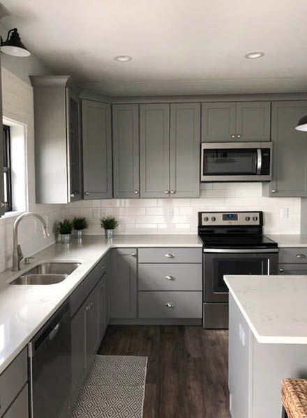 Open Kitchen Design with Studio Gray Cabinets & Island - CliqStudios Gray Cabinets White Countertops, Kitchen With Dark Cabinets, Grey Painted Cabinets, Open Kitchen Design, Gray Shaker Cabinets, Glass Kitchen Cabinet Doors, White Kitchen Appliances, Apartment Kitchen Ideas, Gray Kitchen Cabinets