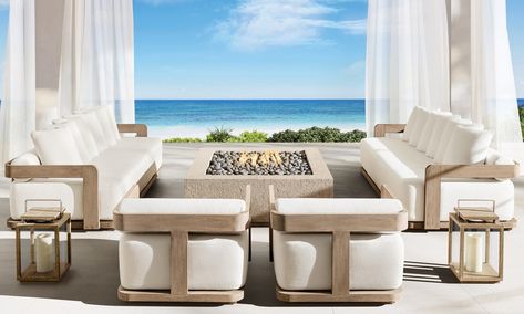 RH Beach House Just Released a Big New Collection | Architectural Digest Beach House Rug, Outdoor Chair Set, Teak Sofa, Outdoor Furniture Design, Beach House Interior, House Beds, Teak Outdoor, Garden Patio, Beach House Decor