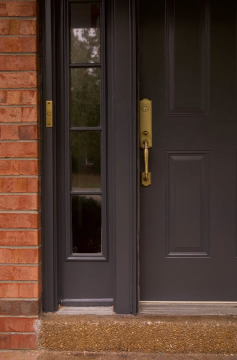 Hardware For A Black Front Door, Front Door On Colonial House, Dark Grey Front Door Exterior, Painted Brown Front Door, Black Front Door Colors, Front Door Black Paint Color, Brown Front Door Paint, Painted Front Door Ideas, Dark Grey Front Door