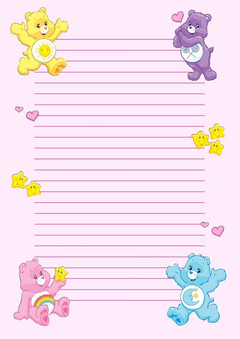 🐻💗 Notebook Paper Printable, Free Printable Stationery Paper, Pink Scrapbook Paper, Care Bears Birthday Party, Care Bear Party, Care Bear Birthday, Disney Princess Coloring Pages, Writing Paper Printable Stationery, Care Bears Cousins