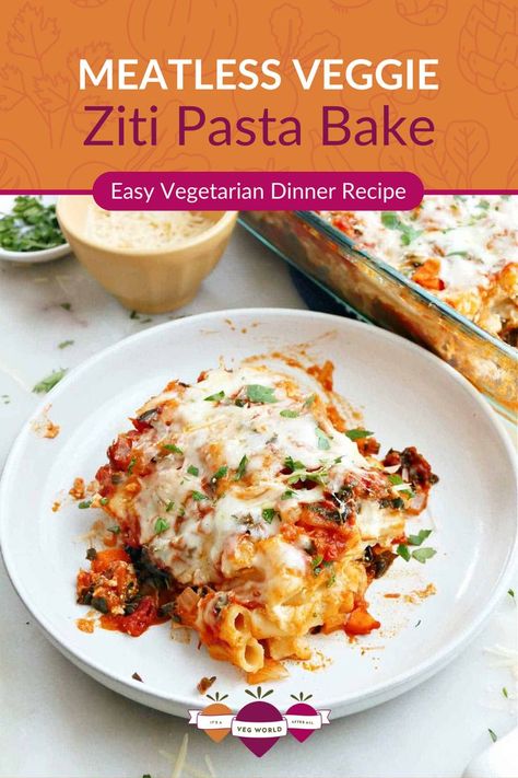 This meatless baked ziti recipe is loaded with a vegetable-packed tomato sauce and layered with ricotta and mozzarella. It’s an easy, cheesy dinner perfect for a crowd and can be prepped ahead or frozen for a stress-free meal. Vegetable Tomato Sauce, Vegetarian Baked Ziti, Meatless Baked Ziti, Cheesy Dinner, Recipe For A Crowd, Ziti Recipe, Baked Ziti Recipe, No Meat, Vegetarian Bake