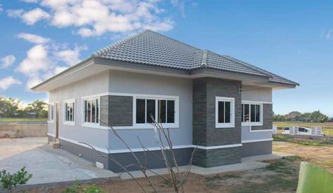 Three-bedroom bungalow with impressive exterior | Pinoy ePlans Bungalow Exterior Colors, Home Exterior Colors, House Exterior Small Modern, Bungalow Style House, Bungalow Exterior, Modern Bungalow House, Garage House Plans, House Plan Gallery, Modern Style House Plans