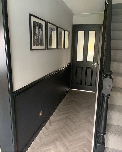 Dark Skirting Boards Hallway, White Walls Black Woodwork, Half Black Hallway, Panelled Hallway Colour Ideas, Dark Grey Panelling Hallway, Hallway Paint Colors With Wainscoting, Black Staircase Panelling, Black And White Paneling, Painted Dado Rail Hallway