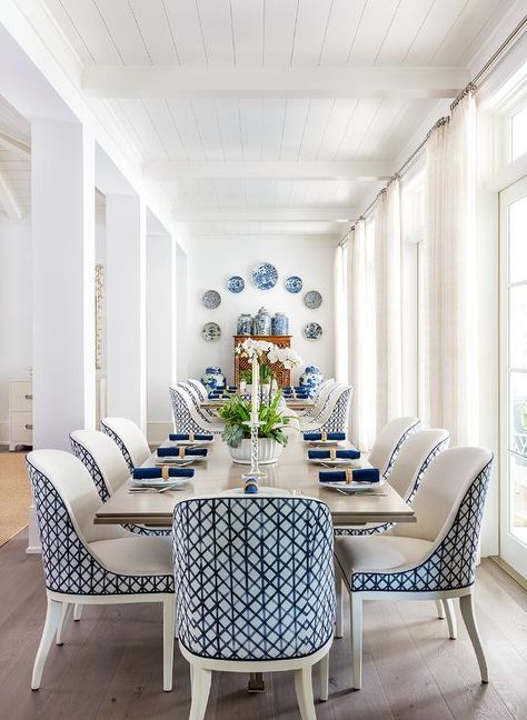 Gray Wooden Dining Table with Blue Lattice Dining Chairs - Transitional - Dining Room Dinning Room Design Modern Chic, Blue And White Dining Room, Groove Ceiling, White Tongue, Dining Room Layout, Brown Dining Table, Grey Dining Tables, Transitional Dining Room, Blue Dining Chair