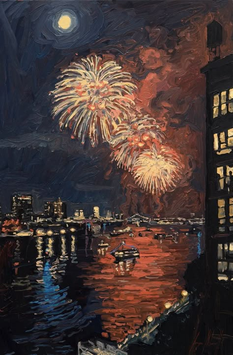 Acrylic Painting Fireworks, Celebration Of Colour Art Gcse, Luminism Painting, Paintings Of Space, Celebration Art Gcse, Places And Spaces Gcse Art, City Painting Easy, City Night Painting, Painting City Night