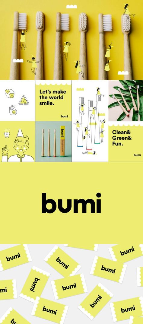 Awesome brand identity for Bumi, a eco-friendly personal care brand that believes in making the world smile. Designed by the talented people at Serious Studio, they are featured in our monthly Logo & Branding Inspiration blog post. Do you like this pin? Drop us a comment...and drop by our blog too for inspiration or shop for eco products 🍃😊 #logos, #logodesigninspiration, #brandinginspiration #zerowastetoothbrush Delivery Branding Design, Friendly Brand Identity, Sustainable Brand Identity, Eco Friendly Branding, Clinic Branding Design, Green Brand Identity, Eco Branding, Carrousel Instagram, Organic Branding Design