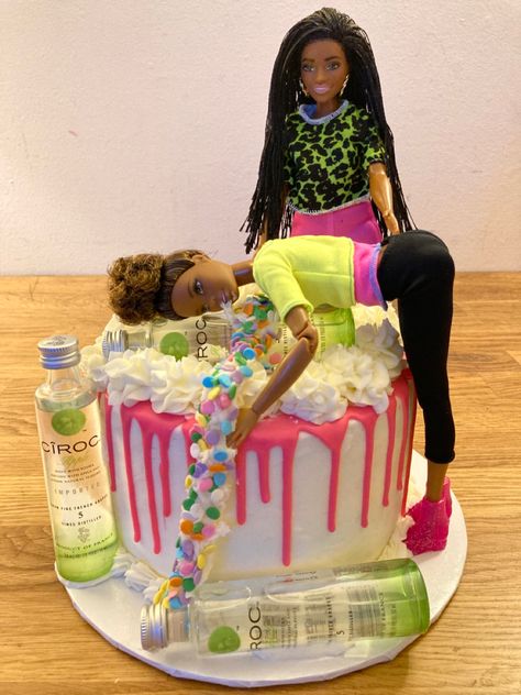 Drunken Barbie Theme Bday Cake. Yellow Sponge Cake w/Pineapple Filling, Buttercream Frosting, Pink Vanilla Drip, Pastel Sprinkles, Ciroc Apple Nips Bottles, Barbie Dolls Yellow Sponge Cake, Cakes 2023, Pineapple Filling, Cake Yellow, Doll Birthday Cake, Barbie Doll Cakes, 21st Birthday Cakes, Pink Vanilla, Barbie Theme