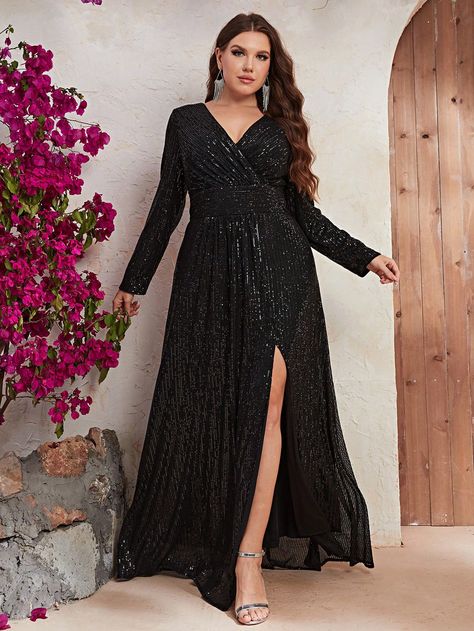 Plus Surplice Neck Split Thigh Sequin Formal Dress Dresses From Shein, Dress Full Sleeves, Sparkly Maxi Dress, Fishtail Maxi Dress, Sequin Formal Dress, Long Sleeve Prom, Sequin Dresses, Split Maxi Dress, Split Dress