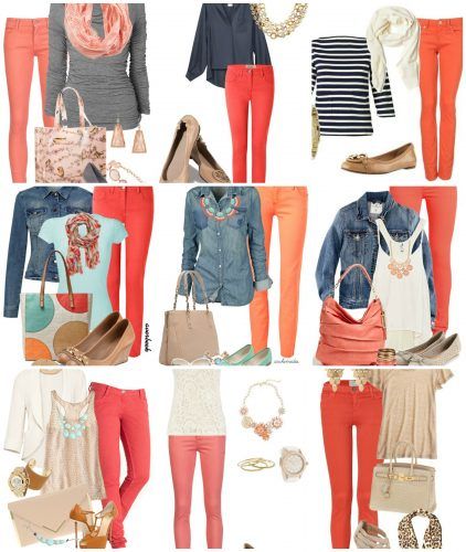 What I Wore - The Resourceful Mama Coral Pants Outfit Fall, Salmon Jeans Outfit, Salmon Color Pants Outfit, Coral Outfit Ideas Color Combos, Coral Trousers Outfit, Outfits With Coral Pants, Peach Pants Outfit Work, How To Wear Orange Pants, Coral Pants Outfit Work