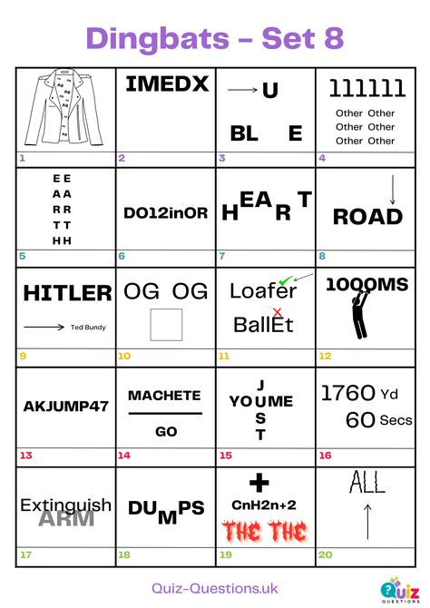 Dingbats (Set 8) Quiz Questions & Answers Math Puzzles Brain Teasers, Word Puzzles Brain Teasers, Brain Quiz, Pub Quiz Questions, Film Quiz, Trivia Quiz Questions, Free Quizzes, General Knowledge Quiz Questions, Rebus Puzzles