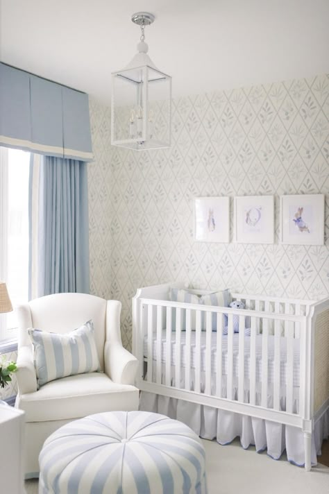 Traditional Blue & White Classic Boy's Nursery Cream And Blue Nursery, Traditional Blue And White Nursery, Southern Nursery Ideas, Coastal Grandmother Nursery, Baby Blue Boy Nursery, Grandmillenial Boys Nursery, Light Blue Boy Nursery, Grandmillenial Nursery Decor, Dusty Blue Nursery Boy