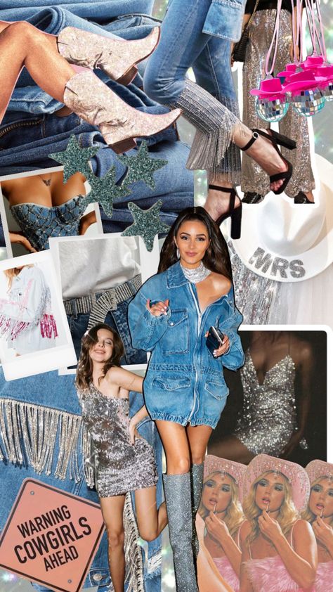 Denim And White Bachelorette Party, Denim Disco Cowgirl, Disco Denim Bachelorette, Cosmic Cowgirl Bachelorette Party, Denim And Diamonds Aesthetic, Denim Bachelorette Party Outfit, Denim And Rhinestones Bachelorette, Denim And Disco Theme, Diamonds And Denim Bachelorette