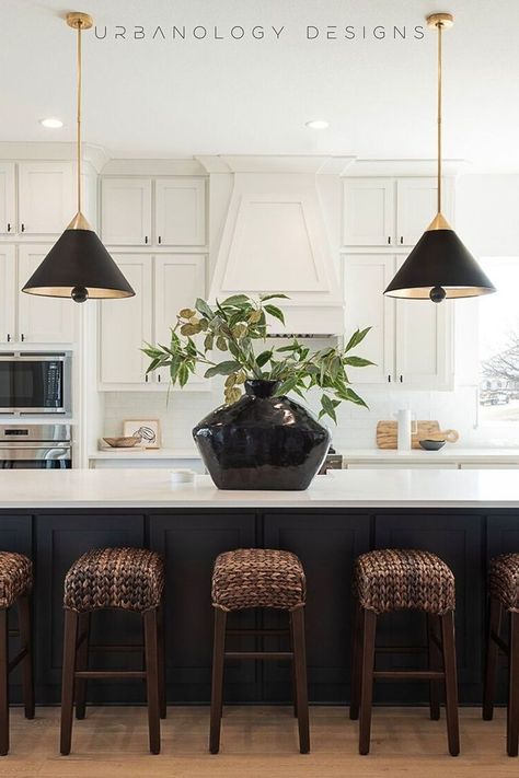 Black Kitchen Islands With White Cabinets, Black Island With White Countertop, White Kitchen With Dark Island Cabinets, Black Kitchen Cabinets With White Island, Black Painted Island Kitchen, Kitchens With Black Accents, Dark Kitchen Island Colors, Charcoal Black Kitchen Island, Charcoal Island White Cabinets