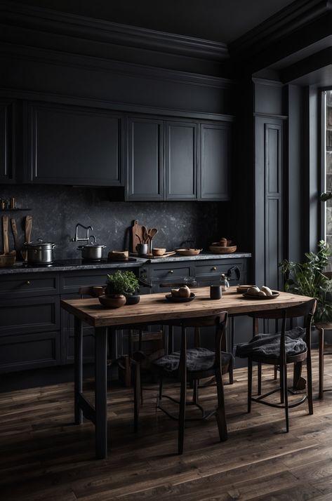 25 Stunning Moody Dark Kitchens That Will Leave You in Awe » Comfy Ideas All Black Kitchens, Dark And Moody Kitchens, Dark Modern Farmhouse Kitchen, Matte Black Cabinets Kitchen, Black Moody Kitchen, Dark Industrial Aesthetic, Moody Lake House, Dark Interior Design Luxury, Kitchen With Black Island