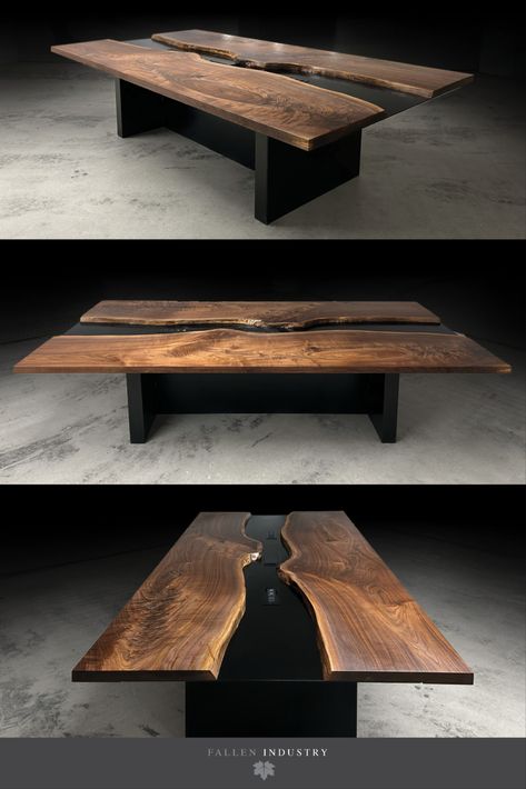 Live edge walnut slab river conference table. Fallen Industry was created with the idea to reuse before we destroy. We create custom-made, natural live edge wood furniture, organic round tables, desks, bookshelves, and architectural elements out of fallen tree wood slabs and reclaimed wood. We also provide design planning, concept renderings, shop drawings as well as custom built-ins, fine cabinetry and general millwork for all residential, commercial, office and restaurant builds Live Edge Desk Office Work Spaces, Black Live Edge Desk, Elm Live Edge Table, Live Edge Wood Furniture, Live Edge Conference Table, Live Edge Cofee Table Living Room Large, Fallen Tree, Custom Built Ins, Round Tables