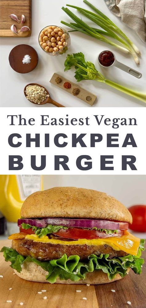 These Chickpea Burgers are an easy one-bowl recipe for the best vegan burger pattie. Great served alone or on a bun topped with your favorites. They take only 10 minutes of prep time and can be frozen for meal prep! Definitely the easiest and most flavorful veggie burger. Veggie Burger Recipe Chickpea, Chickpea Burger Patties, Chickpea Burgers Vegan, Chickpeas Recipe Vegan, Vegan Burgers Recipes, Vegan Bean Burger Recipe, Chickpea Patties Vegan, Chickpea Meals, Vegetarian Burger Patties