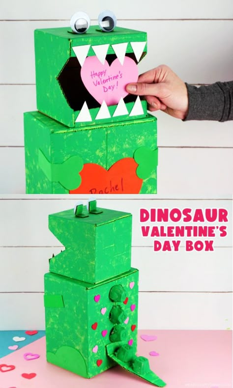 Diy Dinosaur Valentines Box For Kids, Diy Dinosaur Valentine Boxes For Boys, Simple Valentines Boxes For Kids School, Dino Valentine Boxes For Boys, Dinosaur Valentine Box Ideas, Dinosaur Valentine Boxes For Boys, Valentines Day Box Ideas For Boys, Dino Valentines, Girls Valentines Boxes