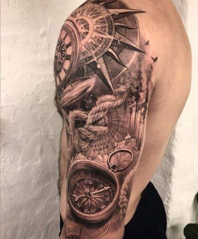 Tattoo Trends 2023, Ship Tattoo Sleeves, Celtic Sleeve Tattoos, Compass Tattoo Men, Nautical Tattoo Sleeve, Navy Tattoos, Forearm Band Tattoos, Men Tattoos Arm Sleeve, Map Tattoos