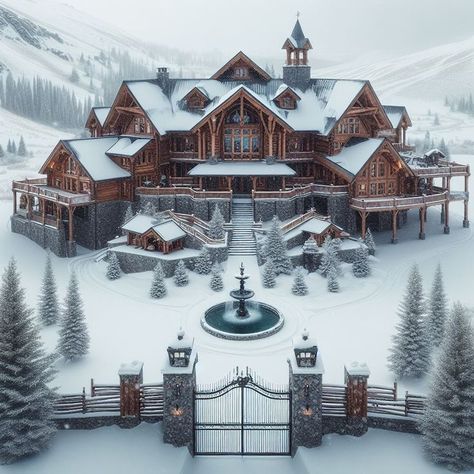 Winter Luxury House, Winter Cabin Mansion Exterior, Pack House Werewolf, Winter Chalet Exterior, Big Cabin Houses, Winter Cabin Exterior, Lodge Mansion, Luxury Mountain Homes, Mansion In The Woods