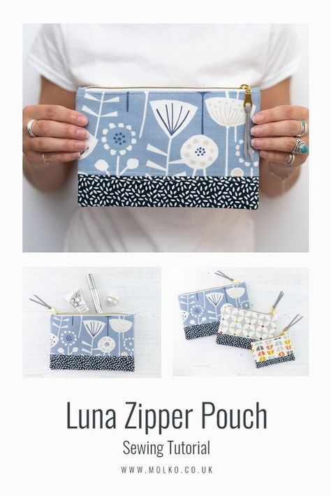 Luna Zipper Pouch sewing pattern. This versatile set of zipper bags comes in 3 sizes. Easy to follow instructions makes these cosmetics bags ideal for beginners. Sew as a simple clutch bag or DIY wristlet pattern. These easy to sew zipper pouches have a contrast base and make a good sew to sell product for craft fairs or for gifts to sew for friends. SewModernBags Zipper Pouch Sewing Pattern, Pouch Sewing Pattern, Sewing Beginners, Wristlet Patterns, Clutch Sewing, Clutch Bag Pattern, Cosmetic Bag Pattern, Purse Sewing Patterns, Sew Zipper