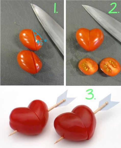 Cute DIY Projects — Cherry Tomato Hearts - Perfect for Valentine’s day... Tomato Hearts, Decorações Com Comidas, Cute Diy Projects, Charcuterie Inspiration, Party Food Platters, Valentines Day Food, Charcuterie Recipes, Easy Food Art, Dandelion Recipes