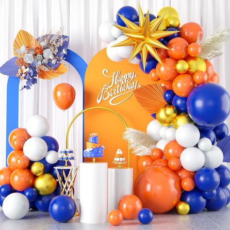 PRICES MAY VARY. 🎈【 Balloons Garland Kit】102pcs blue and orange balloon arch decorations set including 1 x 22inch gold exploding star foil balloon. 2pcs 18inch balloons(orange x 1, royal blue x 1). 56pcs 10inch balloons (orange x 20, royal blue x 20, white x 10, metallic gold x 6). 41pcs 5inch balloons(orange x 15, royal blue x 15, white x 5, metallic gold x 6). With balloons strip, points sticker and ribbons, balloons different sizes help to create an exquisite balloon arch and balloons garlan Blue And Orange Balloon Garland, Outer Space Themed Birthday Party, Orange Balloon Garland, Gold Balloons Decorations, Space Themed Birthday Party, Exploding Star, Space Themed Birthday, Football Balloons, Softball Party