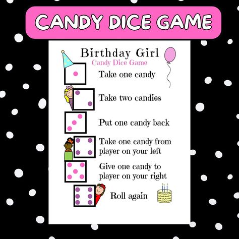 Game Fun Bday Candy roll the dice Group Game Printable Roll the Die Candy Holiday Kids Birthday Party Game Dice Fun Xmas group game Pdf Girl by DearLittlePrintables on Etsy Keep Pass Eat Candy Game, Birthday Girl Games, Party Games For Girls, Fun Birthday Party Games, Candy Dice Game, Party Games Kids, Girls Birthday Games, Girls Birthday Party Games, Classroom Party Games