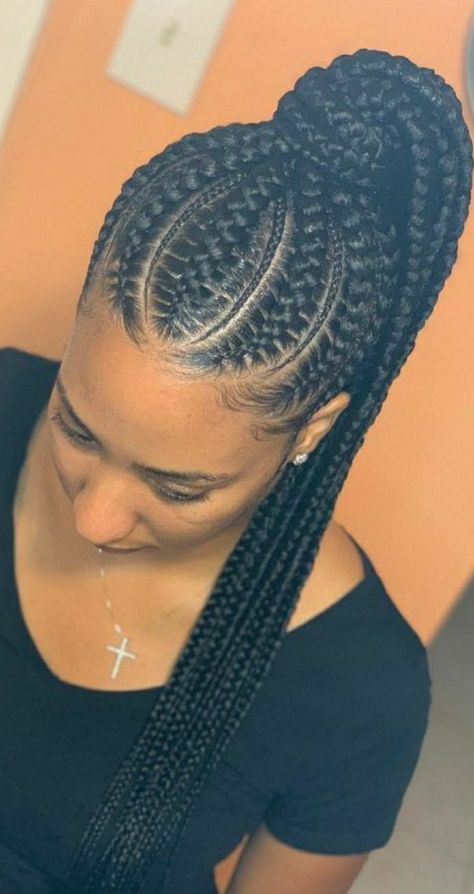 Big Feed In Braids Ponytail, Goddess Feed In Braids Ponytail, Big Cornrolls For Black Women, Cornrow Updo Hairstyles For Black Women, Jumbo Cornrows Updo, Straight Up Braids African 2022, All Back Hairstyle, Cornrow Ponytail Styles, Short Bridal Hair