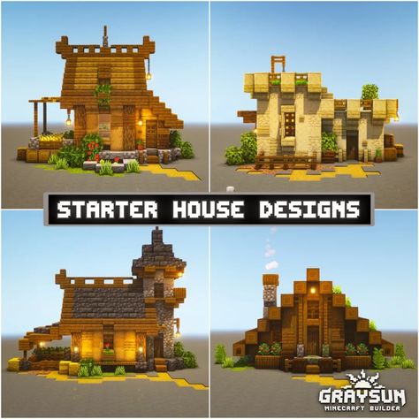 4 deisgn of starter base house for minecraft. Starter Survival Base Minecraft, Starter Base Minecraft Ideas, Cute Minecraft Starter Base, Better Village House Minecraft, Mc Starter Base, Medieval Starter House Minecraft, Minecraft Taiga Base, Minecraft Starter Builds, Cartographer House Minecraft