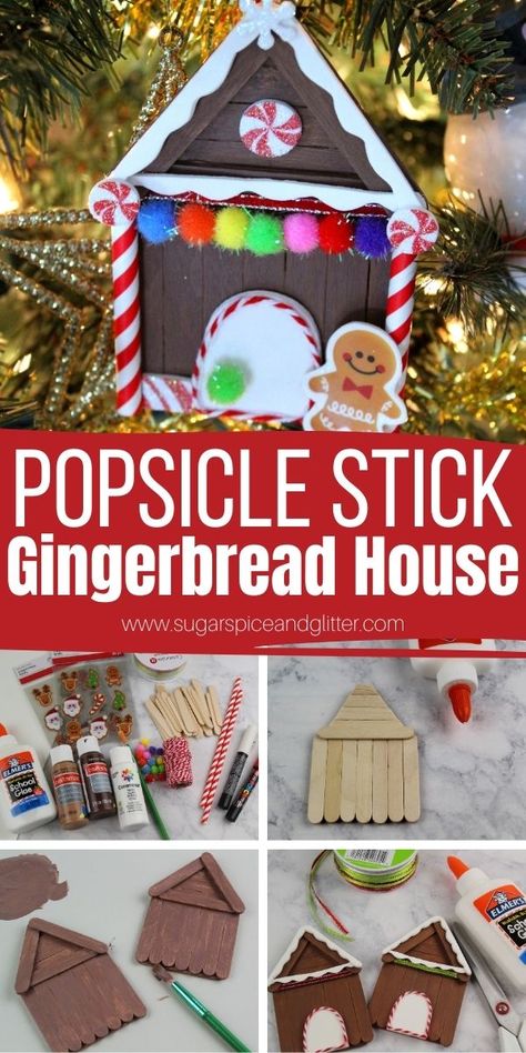 Popsicle Stick Gingerbread House, Gingerbread House Craft, Popsicle Stick Christmas Crafts, Gingerbread Diy, Gingerbread Crafts, Stick Crafts, Gingerbread Ornaments, Fun Christmas Crafts, Cute Christmas Tree