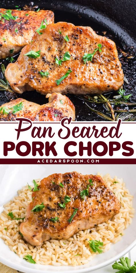 These Pan Seared Pork Chops are so easy to make and are a great, budget friendly meal option. This recipe is simple using spices and herbs to flavor the pork but can be spiced up to your liking. You can have these pork chops on the table in under 20 minutes. Moist Pork Chops, Crispy Pork Chops, Pork Sirloin Chops, Alternative To Bread, Pork Chops Bone In, Yummy Bowl, Pan Pork Chops, Pan Seared Pork Chops, Pork Chop Seasoning