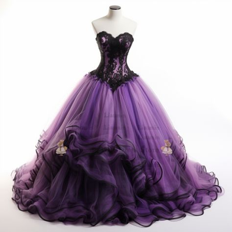 Lavender And Black Quinceanera Ideas, Dark Purple Sweet 16 Dress, Purple Quince Dress, Purple Sweet 16, Purple Quince, Purple Goth, Strapless Ball Gown, Purple And Black Dress, Goth Victorian